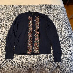 Navy cardigan with Liberty print ruffled panel
